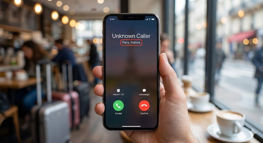 Best eSIM with phone number showing incoming international call from Paris France on smartphone screen in a travel cafe.